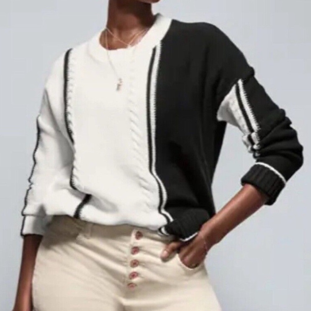 CAbi Black and White Crew Neck Sweater